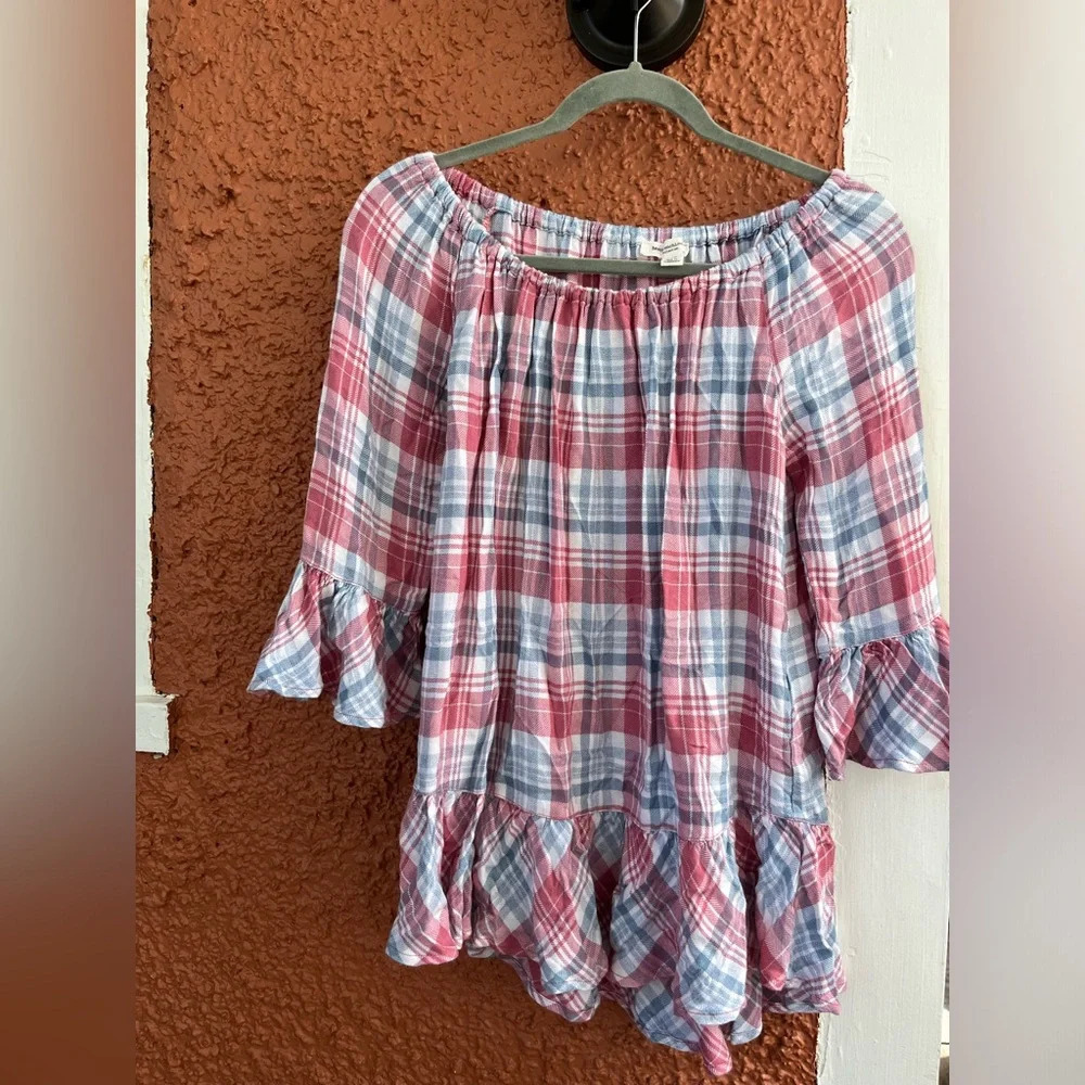 Beach Lunch Lounge Womens Red Blue Plaid Off Should Ruffle Trim Blouse Small